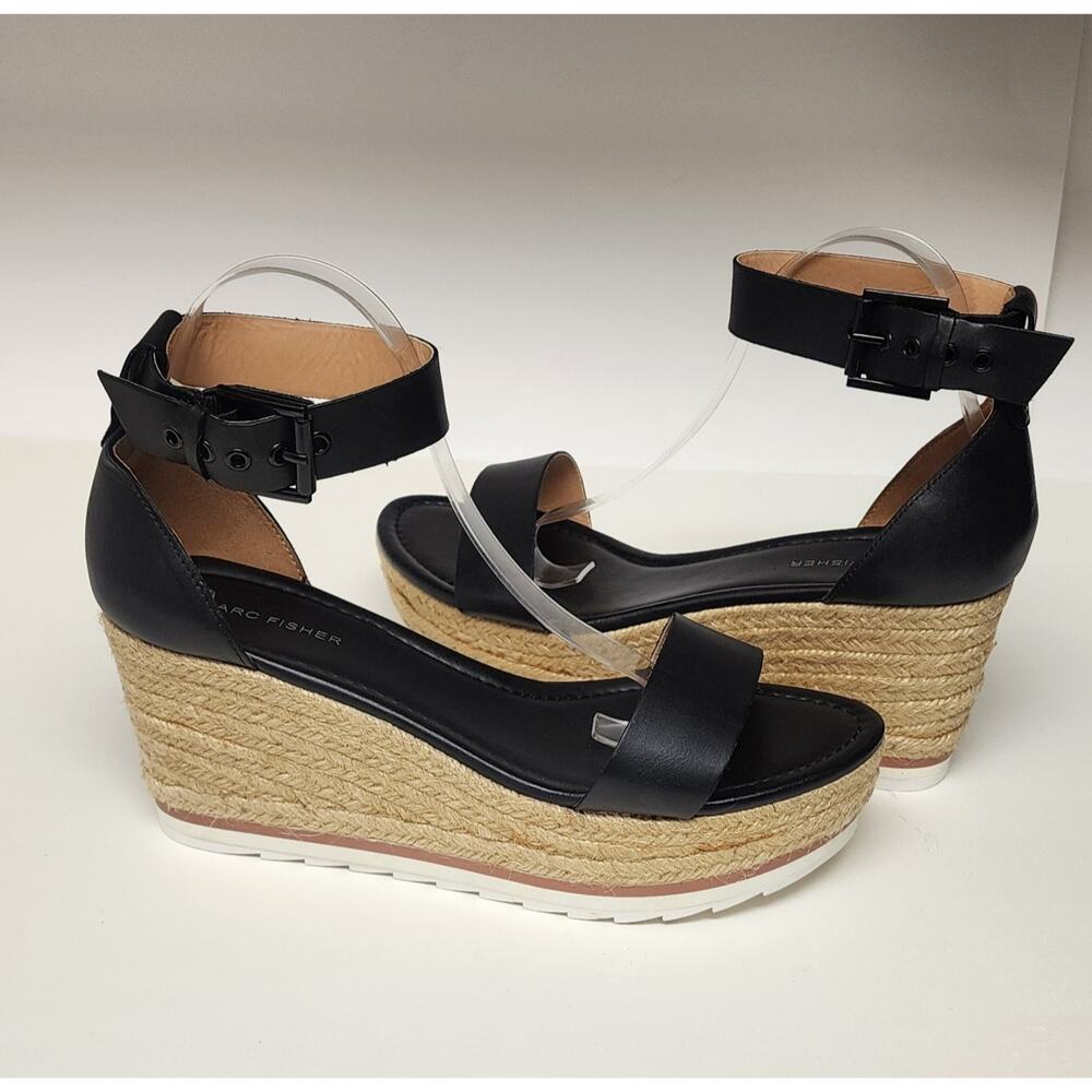 Marc Fisher Leather Espadrille Wedges Zako Black Sandals Size 11M